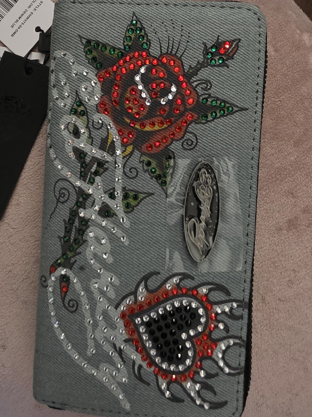 Ed Hardy Gray Card Holder with Red Rhinestone Rose & Heart Accents